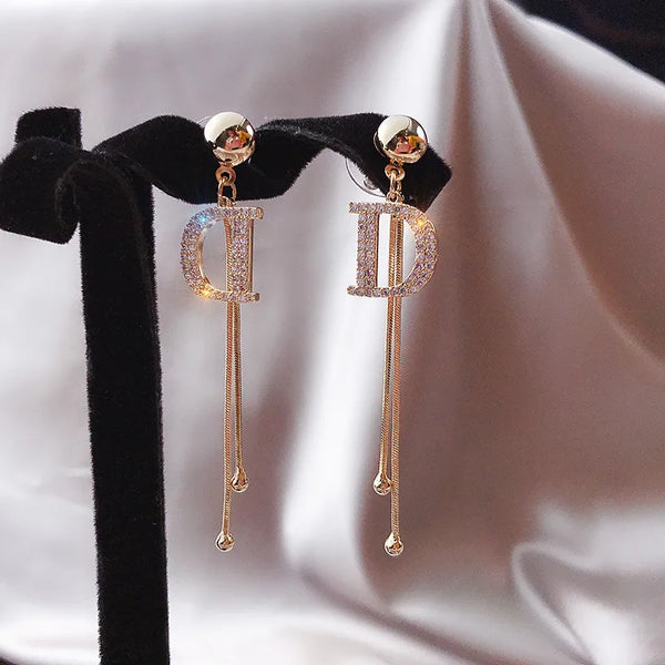 Womens Luxury Large Hoop Earrings Gold Color Double Zircon Stone