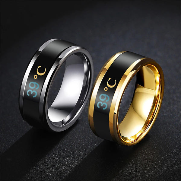 Mens Stainless Steel Body Temperature  Sensor Ring Displays Real-Time Temperature