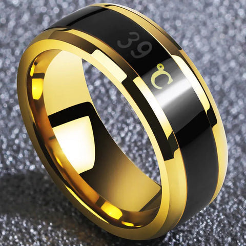 Mens Stainless Steel Body Temperature  Sensor Ring Displays Real-Time Temperature
