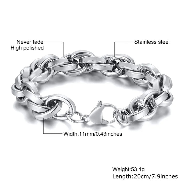 Mens Twisted Rope Chain Bracelet Thick & Heavy Stainless Steel Cage Link