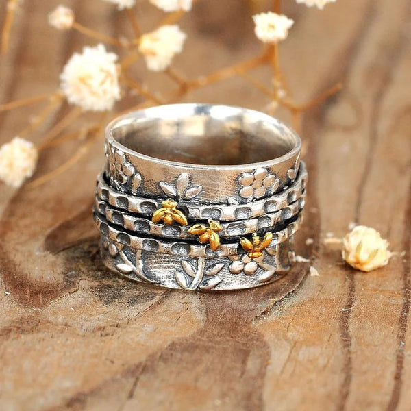 Womens wide version two-color little bee flower ring size 6-10