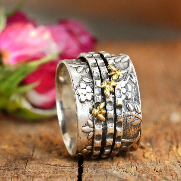 Womens wide version two-color little bee flower ring size 6-10