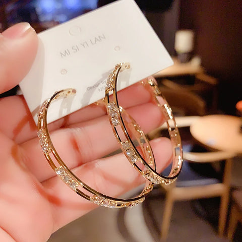 Womens Luxury Large Hoop Earrings Gold Color Double Zircon Stone