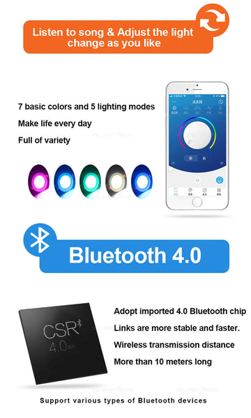 7 basic colors and 5 lighting modes  Bluetooth 4.0