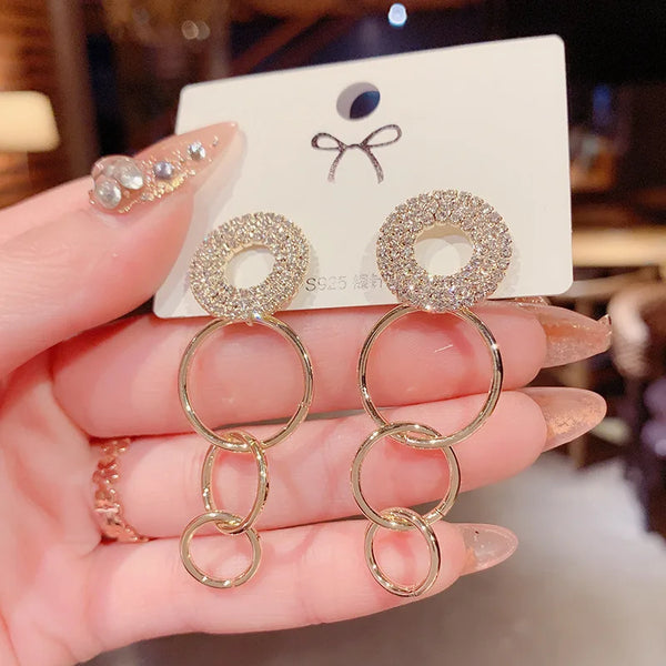 Womens Luxury Large Hoop Earrings Gold Color Double Zircon Stone