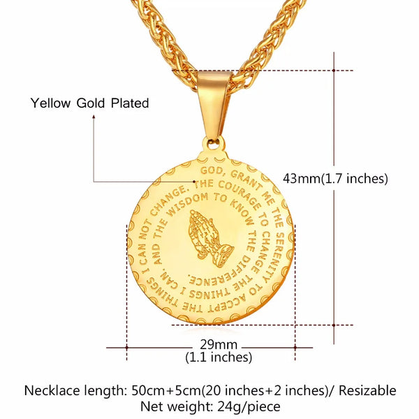 Mens Round Coin Praying Hands Bible Verse Necklace
