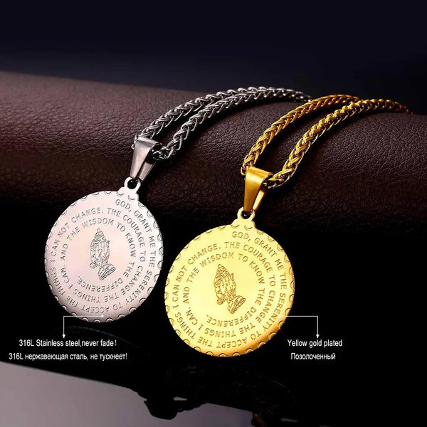 Mens Round Coin Praying Hands Bible Verse Necklace