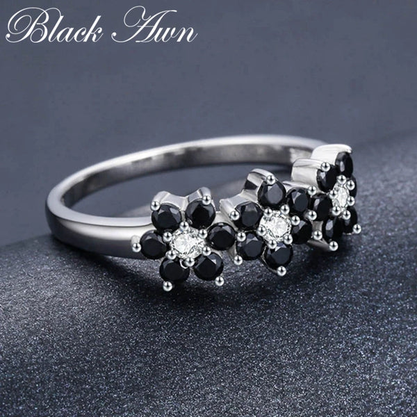 Womens BLACK AWN Silver Color Flower Ring
