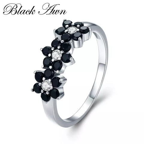 Womens BLACK AWN Silver Color Flower Ring