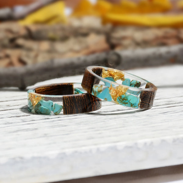 Mens and Womens Handmade Wood Resin Ring with flowers and stones