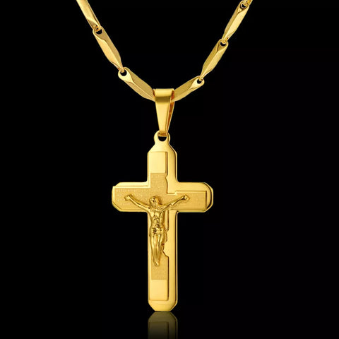 Mens Gold Color Stainless Steel Chain Necklace Crucifix