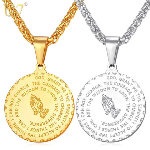 Mens Round Coin Praying Hands Bible Verse Necklace