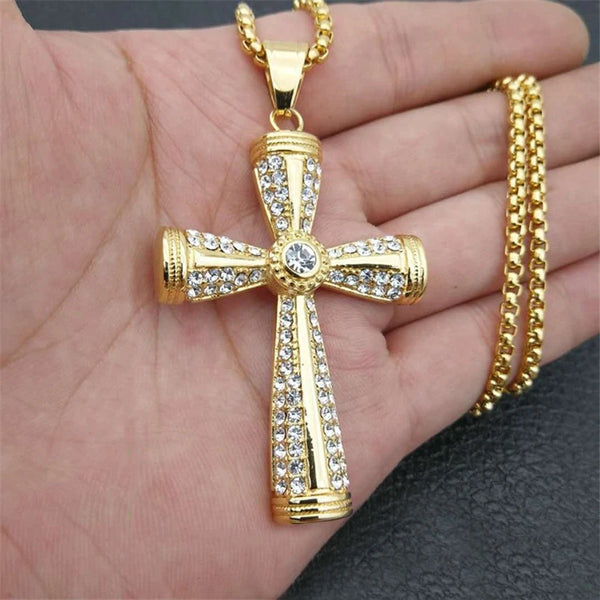 Gold Color Stainless Steel Cross Necklace with Diamond CZs