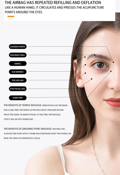 The airbag has repeated refilling and deflation.  It circulates and presses the acupuncture points around the eyes.