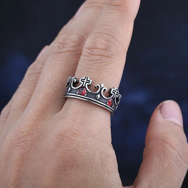 Mens/Womens Stainless Steel Cross Crown Ring With Red&Black Zircon