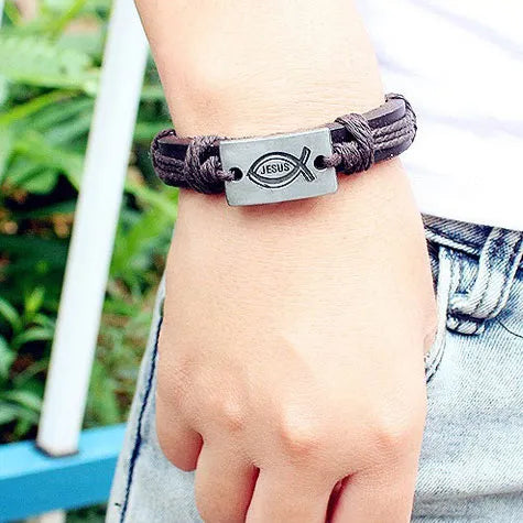 Mens/Womens Stringed Leather Christian Fish Bracelet