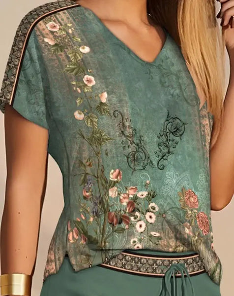 Womens Elegant 2pc Short Sleeve Floral Print Top & Fashion Drawstring Shorts Set