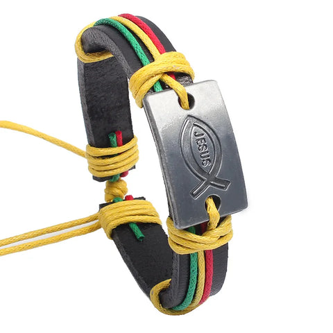 Mens/Womens Stringed Leather Christian Fish Bracelet