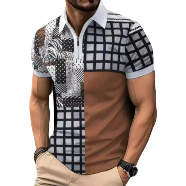 Mens Casual turn-down collar, slim fit, zip-up short sleeve, polo shirt