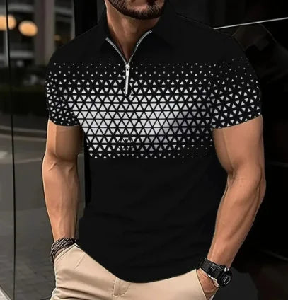 Mens Casual turn-down collar, slim fit, zip-up short sleeve, polo shirt