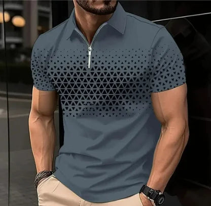 Mens Casual turn-down collar, slim fit, zip-up short sleeve, polo shirt