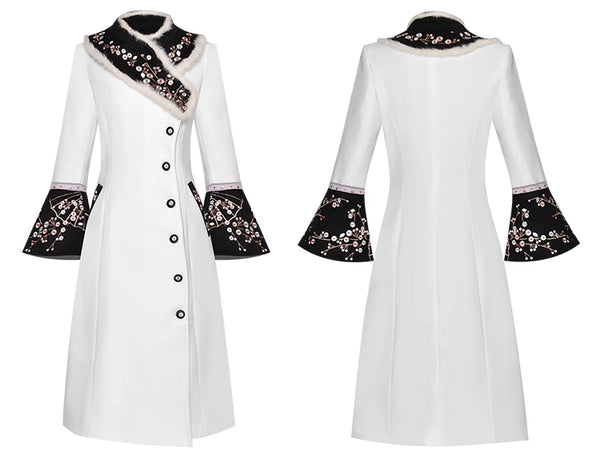 Womens Elegant Woolen Designer Coat Rabbit Fur Collar Embroidery