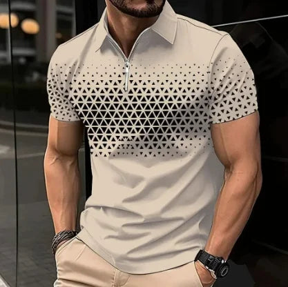 Mens Casual turn-down collar, slim fit, zip-up short sleeve, polo shirt