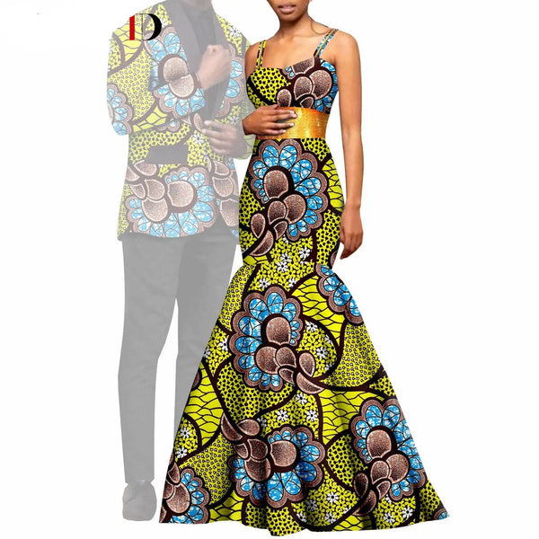 Yellow with Blue/Brown Flowers Womens Long Dresses