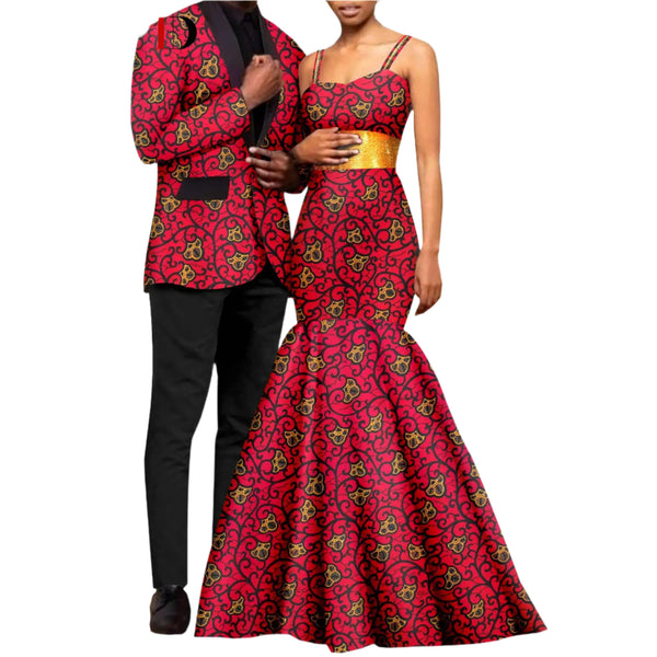 Red, Black and Gold Couples Matching Dashikis,  Womens Long Dresses, Mens  Ankara Jackets