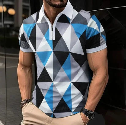 Mens Casual turn-down collar, slim fit, zip-up short sleeve, polo shirt