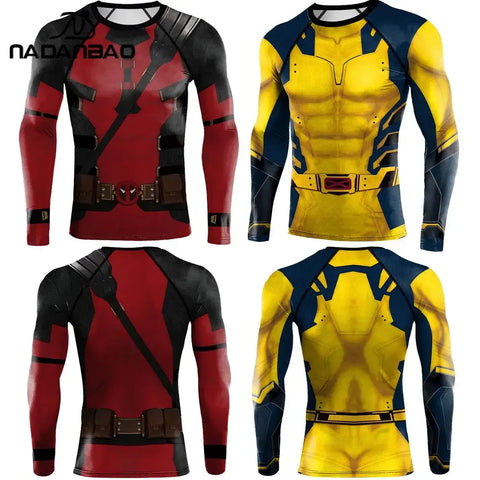 Mens Long Sleeve Gym Workout Strech Fitness Compression Shirts Deadpool Wolverine