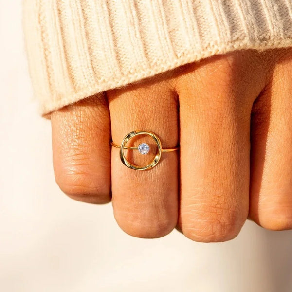 Womens Solid 925 Sterling Silver 14k Gold Plated Zircon Circle Ring Adjustable Fine Jewelry