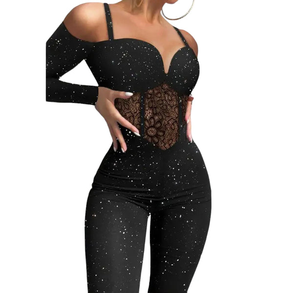 Womens Elegant Sexy Hollow Out Strapless Long Sleeve Skinny Jumpsuit
