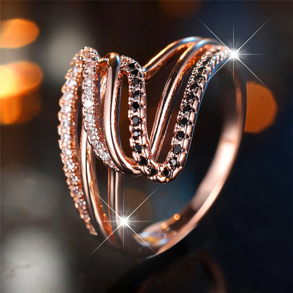 Womens Luxury White Black Zircon Stone Rose Gold Vintage Ring