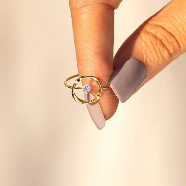 Womens Solid 925 Sterling Silver 14k Gold Plated Zircon Circle Ring Adjustable Fine Jewelry