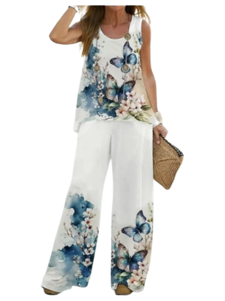 Womens 2 pc Round Neck Casual Sleeveless Top Long Loose Pants Set
