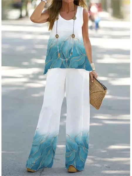 Womens 2pc Sleeveless Round Neck Top Wide Leg Pants Set