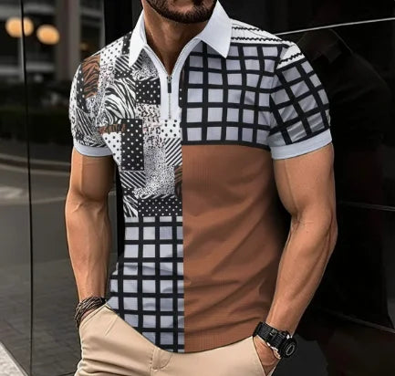 Mens Casual turn-down collar, slim fit, zip-up short sleeve, polo shirt