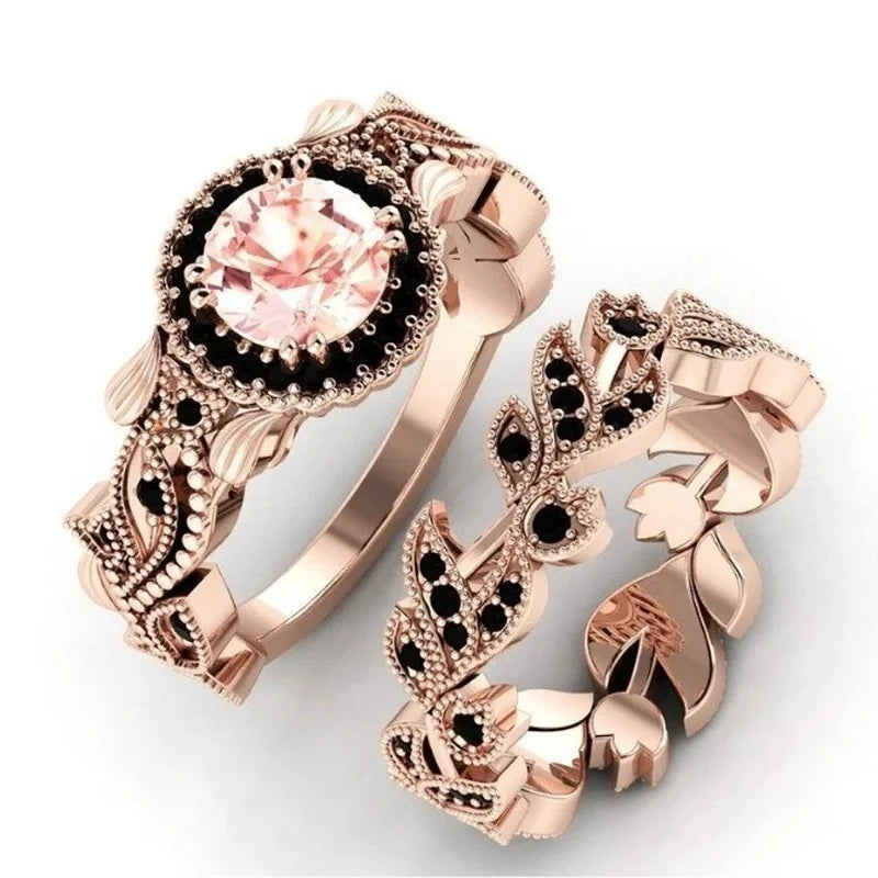 Black and Rose Gold Ring and Band Vine Leaf