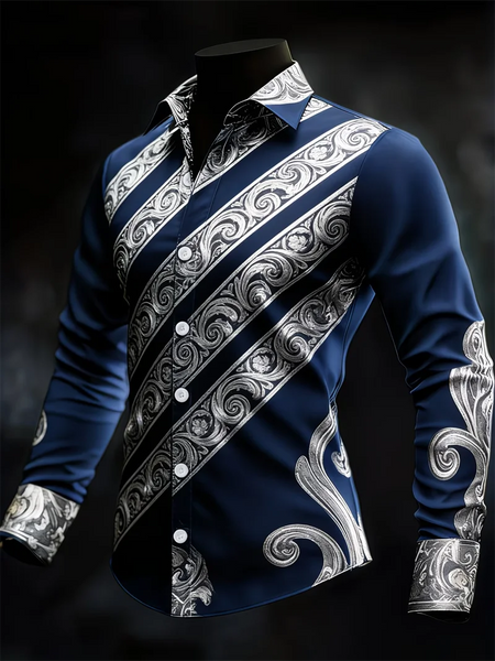 Men's long sleeved lapel striped pattern luxurious long sleeved shirt
