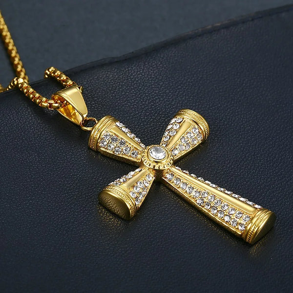 Gold Color Stainless Steel Cross Necklace with Diamond CZs