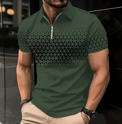 Mens Casual turn-down collar, slim fit, zip-up short sleeve, polo shirt