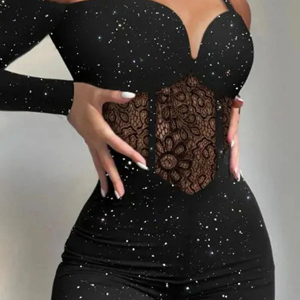 Womens Elegant Sexy Hollow Out Strapless Long Sleeve Skinny Jumpsuit