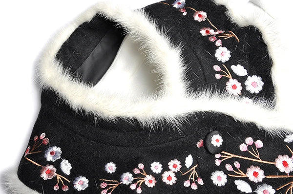 Womens Elegant Woolen Designer Coat Rabbit Fur Collar Embroidery
