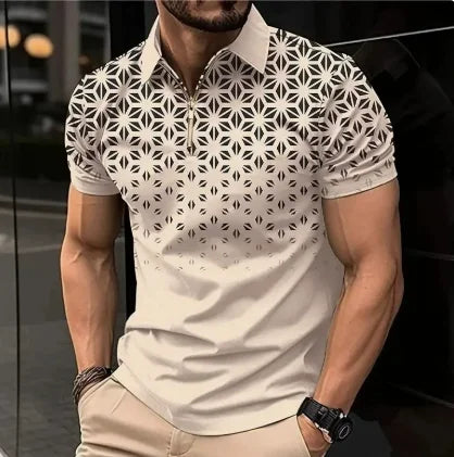 Mens Casual turn-down collar, slim fit, zip-up short sleeve, polo shirt