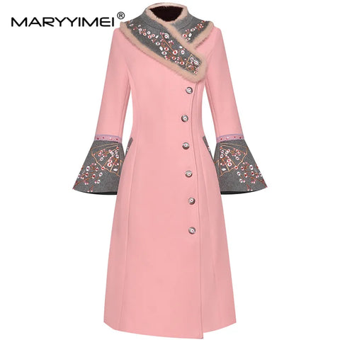 Womens Elegant Woolen Designer Coat Rabbit Fur Collar Embroidery
