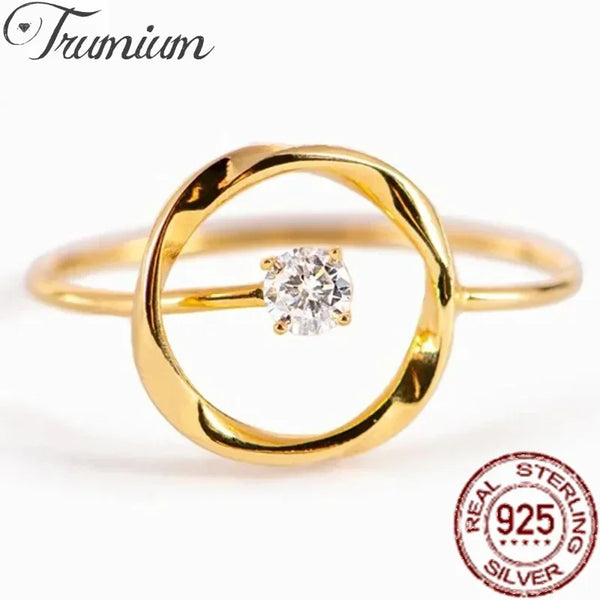 Womens Solid 925 Sterling Silver 14k Gold Plated Zircon Circle Ring Adjustable Fine Jewelry