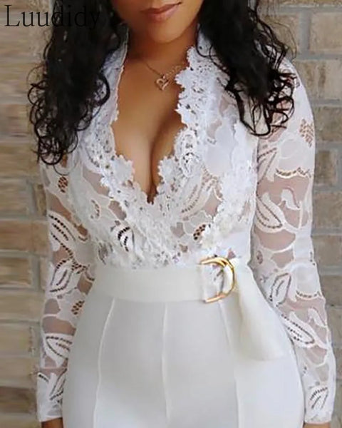 Womens Sexy Elegant Long Sleeve Lace  Jumpsuit