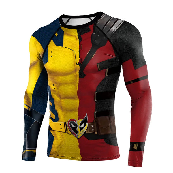 Mens Long Sleeve Gym Workout Strech Fitness Compression Shirts Deadpool Wolverine