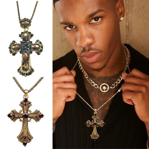 Mens Baroque Silver Color With Crystals Gothic Crucifix Necklace